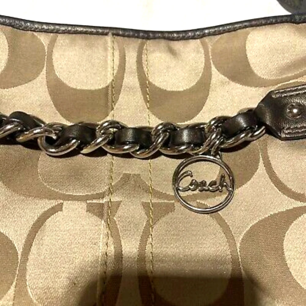 Coach F19730 Khaki Signature Optic Metallic Leather Chain Crossbody Bag Purse.